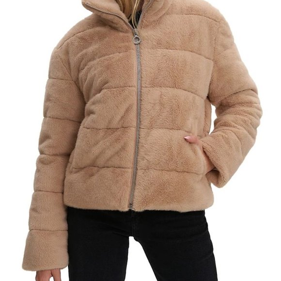 Women's Small Faux Fur Short Puffer Jacket - Picture 1 of 4